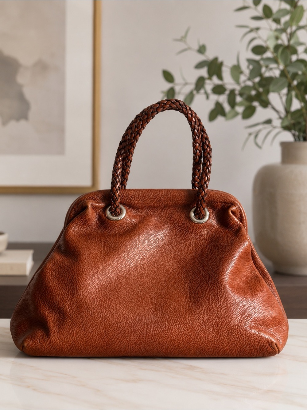 Vintage Crouch & Fitzgerald Brown Leather Handbag Purse Made in Italy by Desmo
